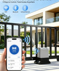 Smart Sliding Gate Opener With Wifi Bluetooth App Control For Up To 40 Ft And 1800 Lb Gates shown with smartphone and control signals.