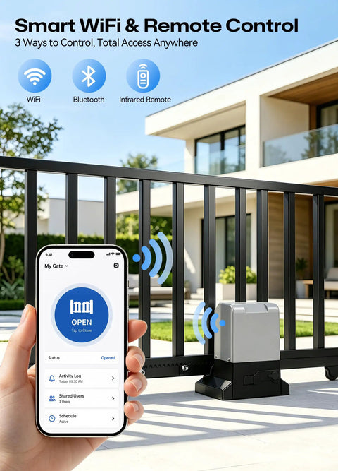 Smart Sliding Gate Opener With Wifi Bluetooth App Control For Up To 40 Ft And 1800 Lb Gates shown with smartphone and control signals.