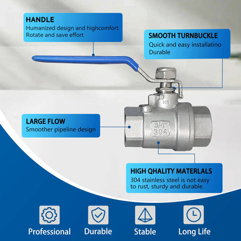 Ball valve, full-port, 3/4 inch NPT, 304 stainless steel, female threaded ends with locking device.
