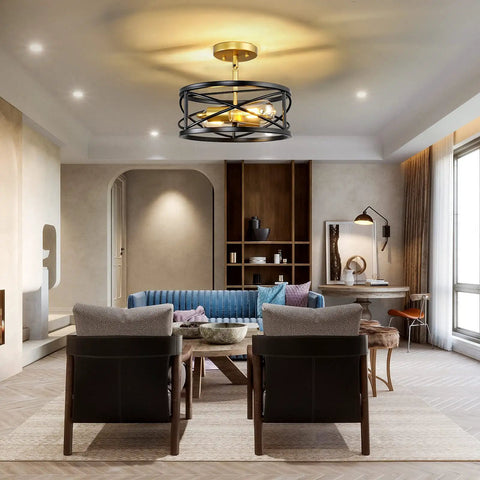Living room with Semi Flush Mount Ceiling Light Fixtures With Two Lights, Modern Industrial Farmhouse Drum Cage Style For Sloped Ceilings, Black And Gold Finish