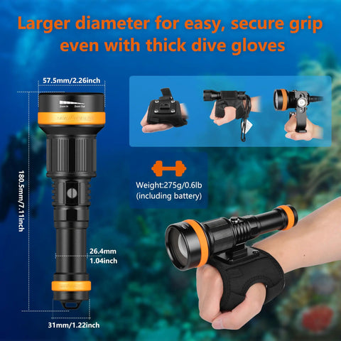 Two In One Zoomable Dive Light For Scuba And Night Dives, Adjustable Beam From 4 To 72 Degrees, held by hand on a dive glove