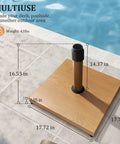 Heavy Duty 45 Lbs Patio Umbrella Base Pre Filled Concrete Stand For 6 To 12 Ft Market Umbrellas on poolside deck, measurements shown