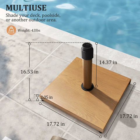 Heavy Duty 45 Lbs Patio Umbrella Base Pre Filled Concrete Stand For 6 To 12 Ft Market Umbrellas on poolside deck, measurements shown
