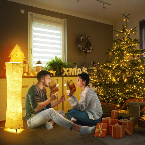 Tall 64 Inch Floor Lamp With Remote Control Dimmable In Ten Levels And Adjustable Color Temperature Two 12 Watt LED Bulbs White Fabric Shade Modern Standing Lighting For Living Room Bedroom And Kids Room next to Christmas decor.