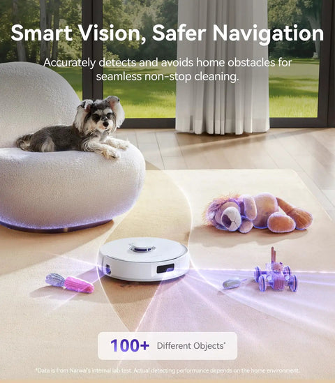 Freo Z10 Turbo Robot Vacuum And Mop Combo showing smart obstacle avoidance around toys and pet on carpet, 25,000 Pa suction.