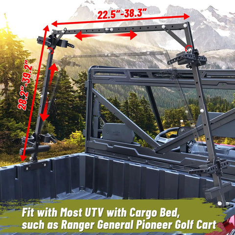 UTV Hunting Tool Holder Rack for Cargo Bed Universal Adjustable SXS Gear Mount on UTV bed in mountain setting