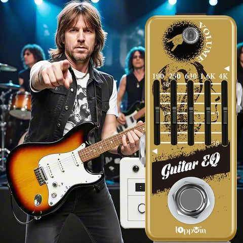 Gig setup with Tiny Titan Of Tone Five Band Graphic EQ Guitar Pedal by guitarist holding electric guitar on stage.