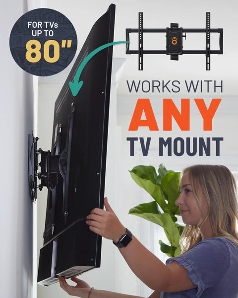 No Sweat Universal TV Mount Hardware Kit With M4 M5 M6 M8 Screws And Spacers For Flat Screens Up To 80 Inches shown with TV being mounted.