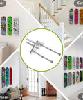 Sick Six Pack Aluminum Skateboard Wall Mount Hangers used in home, corridor, shop; horizontal and vertical board display.