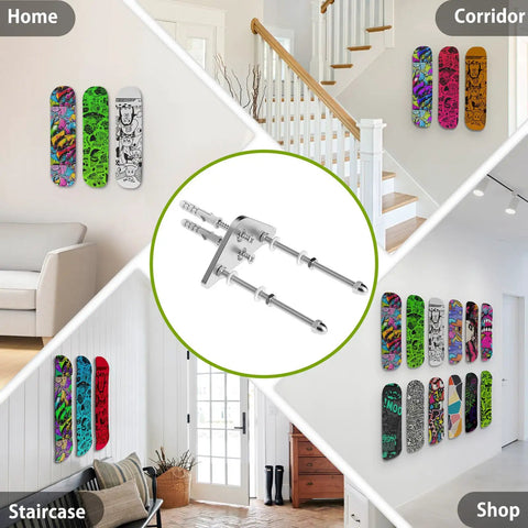 Sick Six Pack Aluminum Skateboard Wall Mount Hangers used in home, corridor, shop; horizontal and vertical board display.