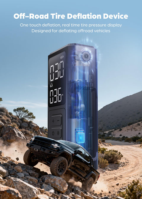 Portable Tire Inflator Air Compressor With 5200mAh Battery And 150 PSI Quick Inflate for off-road vehicle on rocky terrain