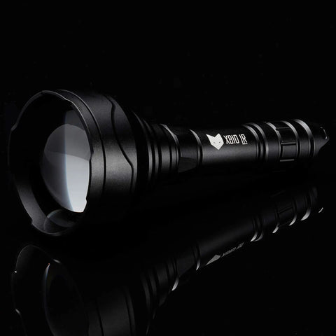 Side view of XB10 Infrared Torch For Night Vision Gear 5W IR Illuminator 940nm with 67mm aspherical lens on black background