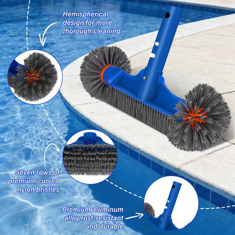 All In One Pool Cleaning Kit With 12.5 Inch Brush Head on poolside showing nylon bristles and aluminum pole for cleaning