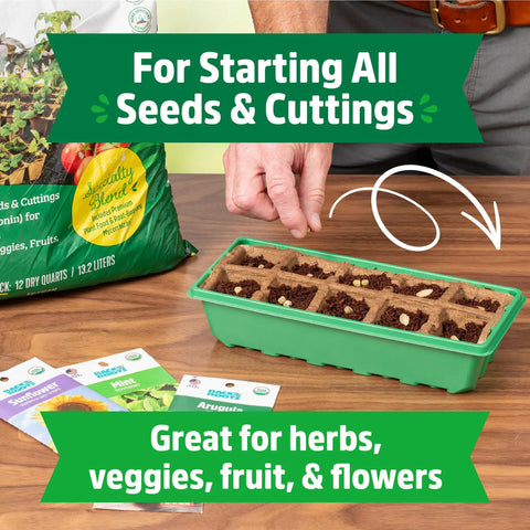 10-Cell Greenhouse Germination Kit for Home Gardens With Biodegradable Pots and Vented Lid, shown with seed packets