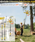 Man using Two-In-One Electric Pole Pruning Shears with Detachable Handheld Cutter on tall tree, 16 ft extension shown