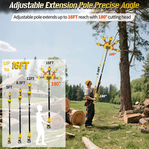 Man using Two-In-One Electric Pole Pruning Shears with Detachable Handheld Cutter on tall tree, 16 ft extension shown