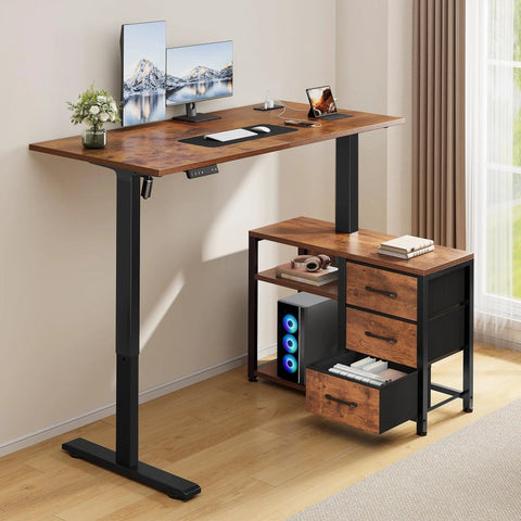 47 Inch L Shaped Standing Desk With 3 Drawers, Electric Height Adjustable, Built In Power Outlets, 4 Memory Presets in Rustic Brown