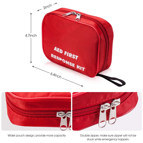 Front view of red AED FIRST RESPONSE KIT zippered pouch with double zippers and wrist strap.