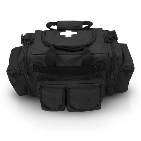 Deluxe EMS Trauma Bag For First Responders With Eight Pockets And Removable Organizer Pro Grade Heavy Duty Polyester PVC Coated Medical Kit Carryall Measures 22 Inches By 11 Inches By 11.5 Inches Black, front view
