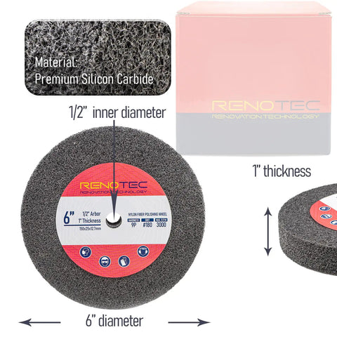 6 Inch Nylon Fiber Buffing Wheels Pack Of 3 With 180 Grit Deburring And Polishing Discs featuring half inch arbor and one inch thickness