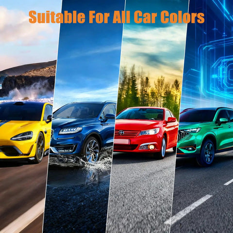 Four cars in yellow, blue, red, and green showcasing suitability of 2026 Upgraded Scratch Remover For Vehicles With Wipe And Sponge Car Scratch Repair Kit