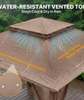 Close-up of the water-resistant vented top of the 11x11 Pop Up Gazebo With Mesh Netting And UPF 50 Plus UV Protection, Portable Brown.