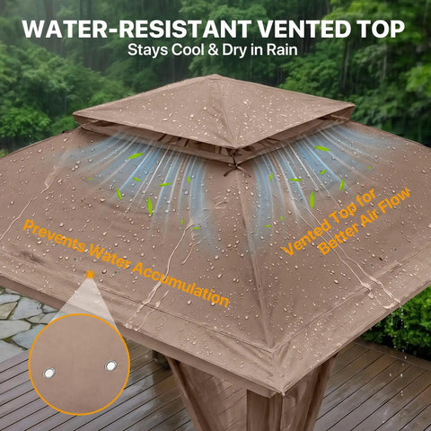 Close-up of the water-resistant vented top of the 11x11 Pop Up Gazebo With Mesh Netting And UPF 50 Plus UV Protection, Portable Brown.