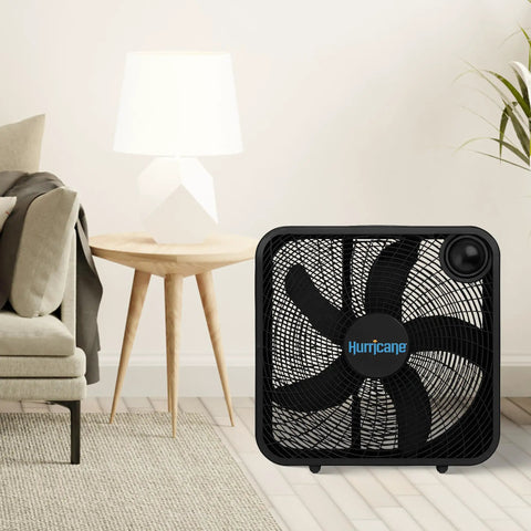 Classic 20 Inch Floor Mount Box Fan With 3 Quiet Speeds Black Corded Portable Air Cooler in living room setting