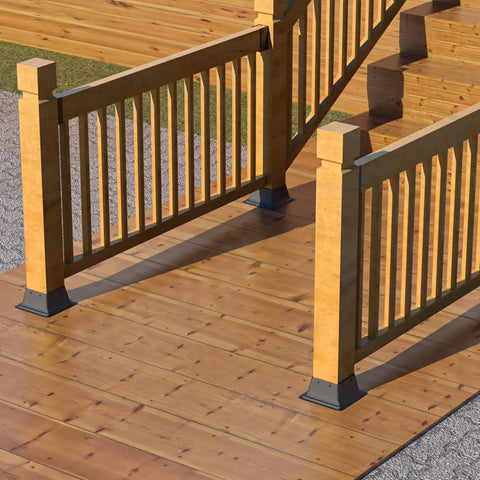 Beefy Heavy Duty 4x4 Post Base Set installed on wooden deck with black powder coated base plates.