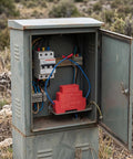 Interior of a circuit box with heat aerosol fire extinguishing device and wiring, showcasing Automatic Fire Extinguisher 18G Aerosol Spray Kit Self Triggering Thermal Sensor Tech.
