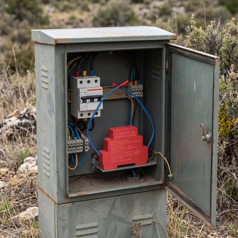 Interior of a circuit box with heat aerosol fire extinguishing device and wiring, showcasing Automatic Fire Extinguisher 18G Aerosol Spray Kit Self Triggering Thermal Sensor Tech.