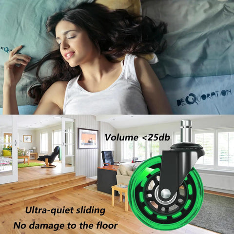 Heavy Duty 3 Inch Office Chair Wheels Replacement Set Of 5 Green Polyurethane Swivel Casters shown in a home setting.