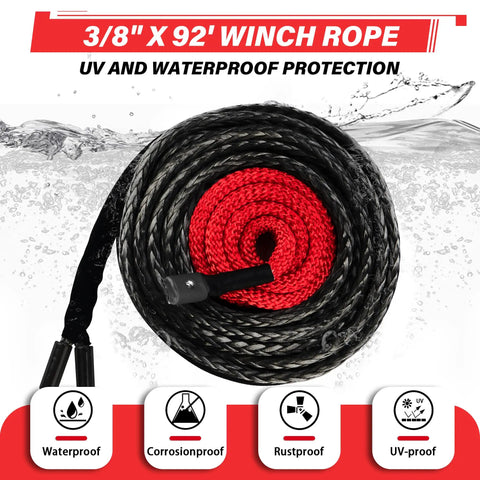Three Eighths Inch Synthetic Winch Rope Kit With Hook For 4x4 Off Road Rigs, 27000 Lb Capacity, Reflective Safety Strap, Heavy Duty 12 Strand UHMWPE Cable, Protective Sleeve Included For Trucks SUVs Jeeps
