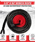 3/8 Inch Synthetic Winch Rope Kit 92 Foot With 27000 Lbs Strength Protective Sleeve Heavy Duty Hook And Safety Pull Strap For Off Road 4x4 Vehicles For All Off Road Adventures, coiled black and red rope
