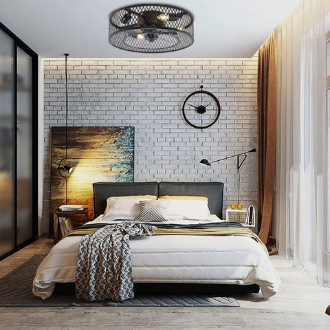 Bedroom with Industrial Cage Ceiling Fan With Light And Remote, 36-Inch Retractable Blades, Retro Edison-Chic Chandelier Style Fan.