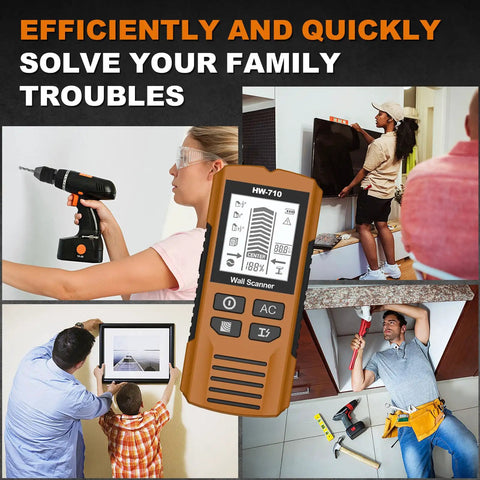 Hyuduo 5 in 1 Wall Scanner Stud Finder, LCD Display, Five Measuring Modes, Wood Metal Cable (Yellow) in a home improvement setting.
