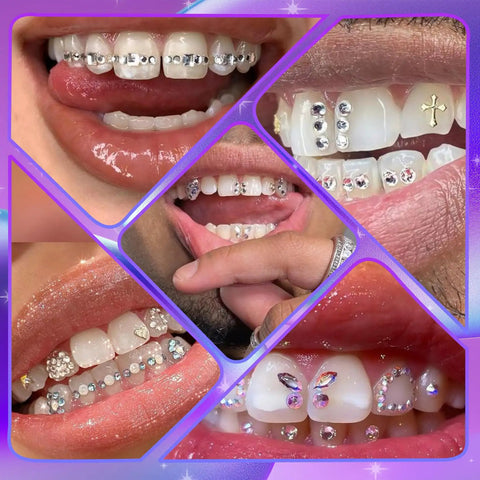 Collage of tooth gems from DIY Tooth Gem Kit With Safe Crystals, Teeth Gem Set For Fashionable Smiles, featuring multiple designs.