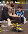 Father and son playing with 5 In 1 Buildable Robot Kit With Remote Control For Kids Ages 8 To 13 on wooden floor.