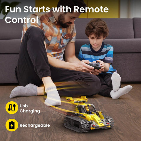 Father and son playing with 5 In 1 Buildable Robot Kit With Remote Control For Kids Ages 8 To 13 on wooden floor.