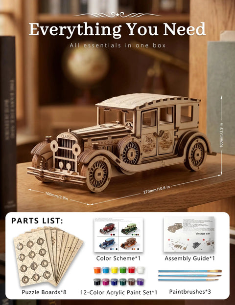 Paintable 3D Wooden Vintage Car Puzzle For Adults No Glue Required 187 Piece Build Your Own Classic Car Model, 270mm x 100mm