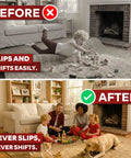 Image showing before and after using Double Sided Rug Gripper Tape for Carpets and Hardwood Floors 2 Feet By 5 Yards Three Inch Core Easy To Use Area Rug Tape That Stops Slipping And Curling In High Traffic Areas.