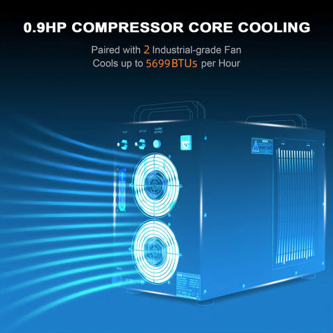 Heavy Duty Workhorse Water Chiller Featuring Seven Liter Tank And Point Nine Horsepower Pump Delivering Bulletproof Five Thousand Six Hundred Ninety Nine BTU Per Hour Cooling For Up To One Fifty Watt Co2 Laser Machines, showing compressor and fans.