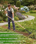 Man using 6 Inch Wide Triangle Hoe With 60 Inch Wood Handle Scuffle Hoe for quick weeding and cultivation in garden.