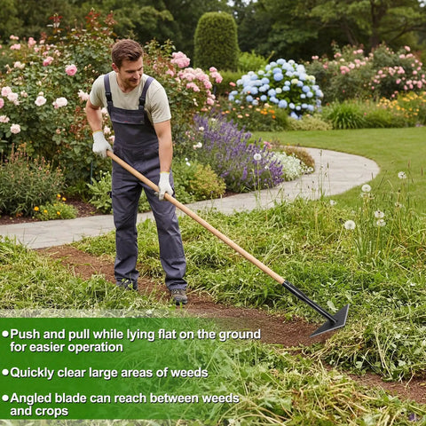 Man using 6 Inch Wide Triangle Hoe With 60 Inch Wood Handle Scuffle Hoe for quick weeding and cultivation in garden.