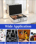 Kickass Top Notch Heavy Duty Aluminum Alloy Tool Case With Custom Foam Insert Hard Shield For Cameras Cosmetics And Small Tech Gear Portable Metal Briefcase Pro opened with cosmetics inside on vanity.