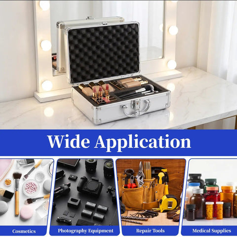 Kickass Top Notch Heavy Duty Aluminum Alloy Tool Case With Custom Foam Insert Hard Shield For Cameras Cosmetics And Small Tech Gear Portable Metal Briefcase Pro opened with cosmetics inside on vanity.