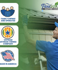 Technician installing gutter guard system on roof, emphasizing USA made and Vietnam veteran-owned company attributes.