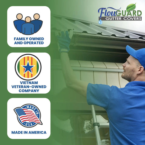 Technician installing gutter guard system on roof, emphasizing USA made and Vietnam veteran-owned company attributes.