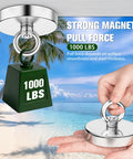 Junarter neodymium fishing magnets: two magnets, green 1000 LBS cube and silver eyebolt ring, beach background