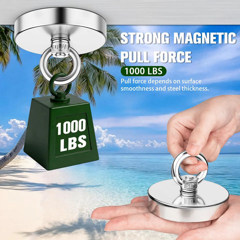 Junarter neodymium fishing magnets: two magnets, green 1000 LBS cube and silver eyebolt ring, beach background